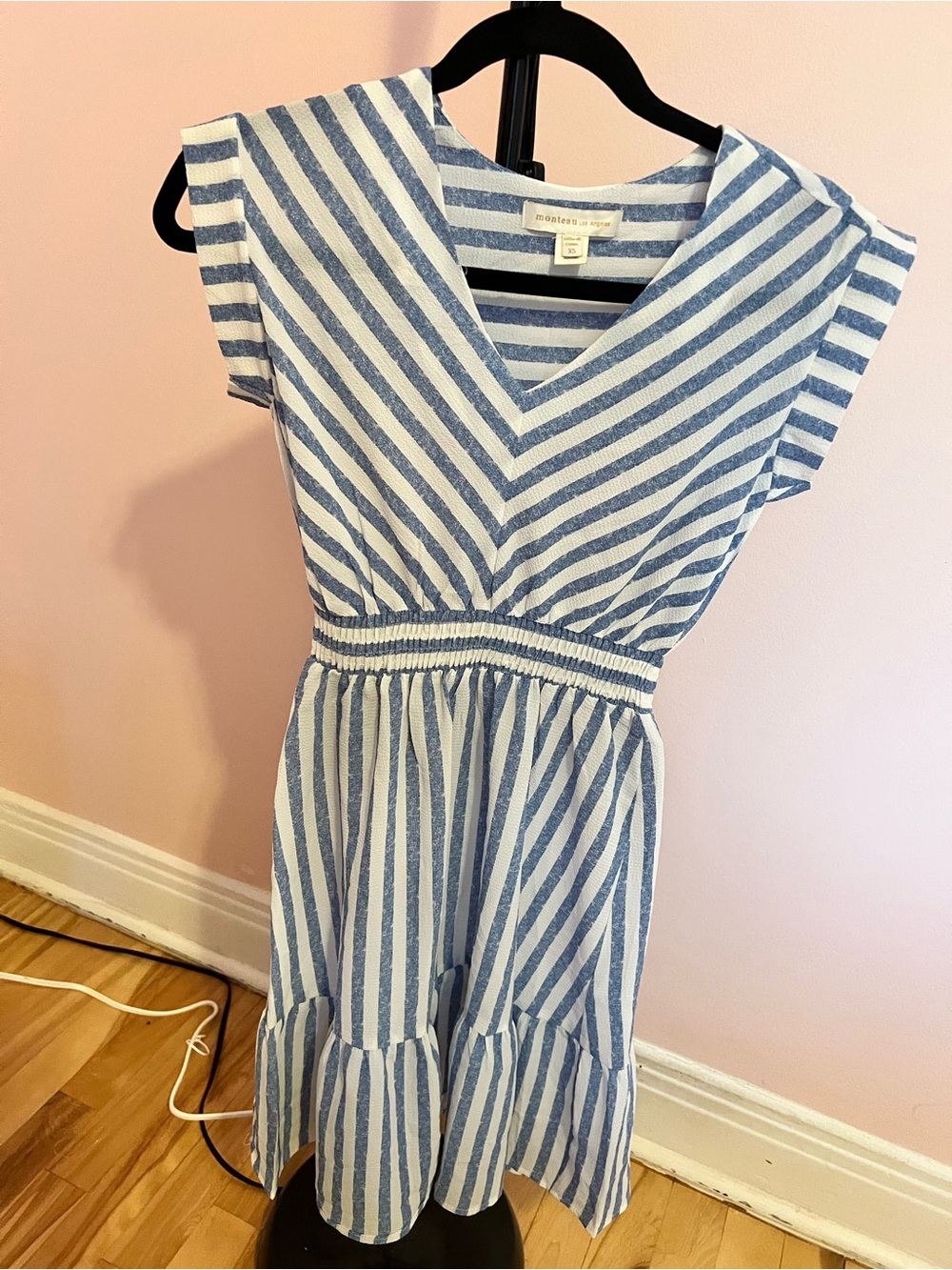 Striped V-Neck Smocked-Waist Midi Dress — Blue & White